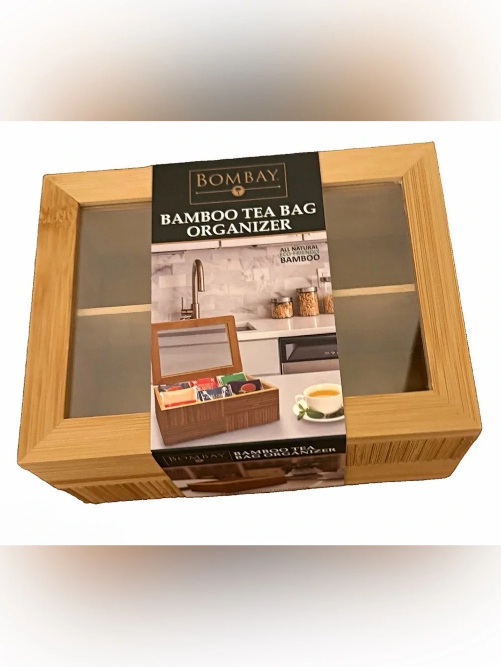 Bombay Bamboo Tea Bag Organizer - Light Wood with Clear Lid 6 Compartments NWT